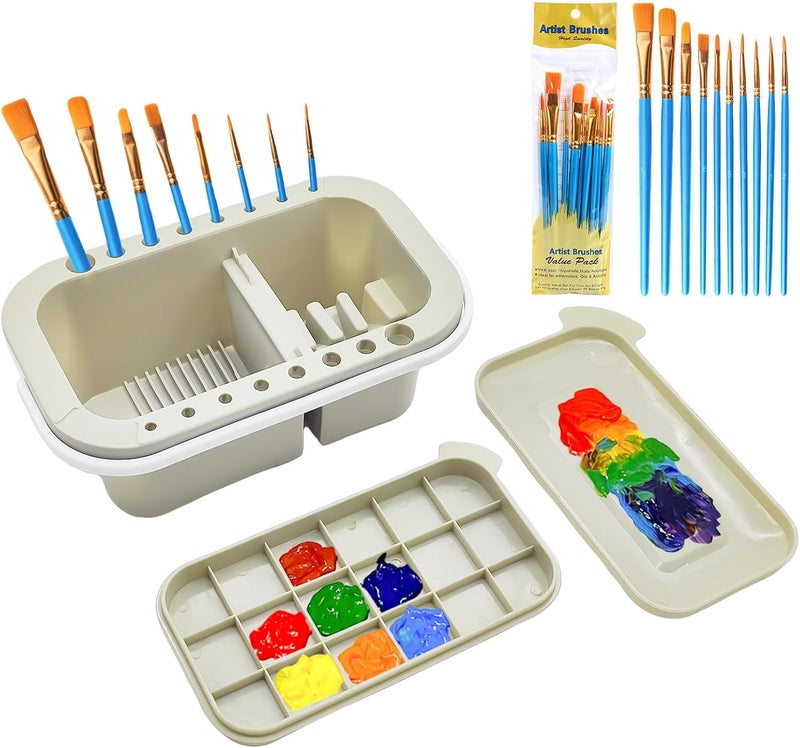 ZLY Paint Brush Cleaner Palett Basin with 10 PCS Paint Brushes,Paints Brush Holder and Organizers with Palette for Acrylic, for Watercolor and Water Based Paints (Gery) - Image 1